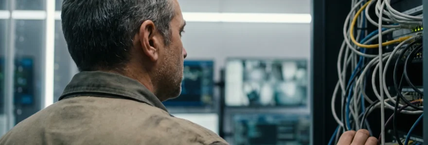 Technicien analysant l'infrastructure réseau devant un rack serveur et des écrans de supervision