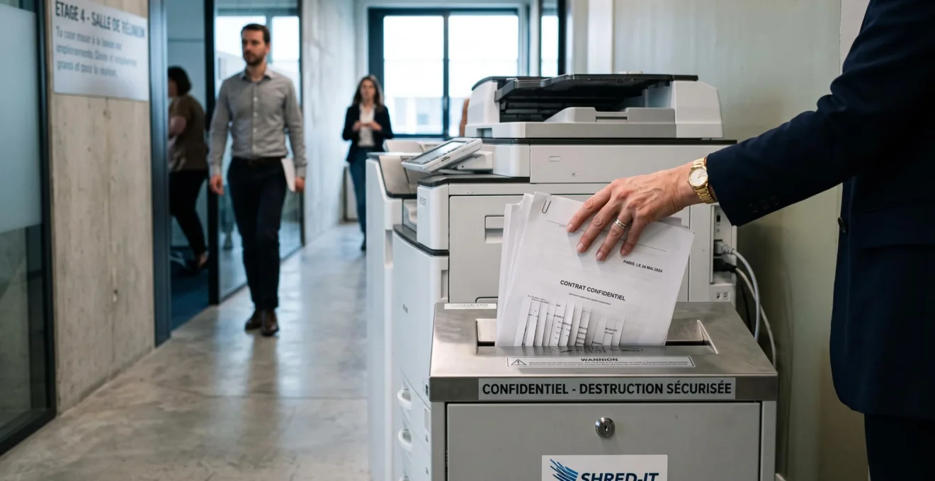 Une main dépose des documents papier dans une console de destruction sécurisée au bureau.