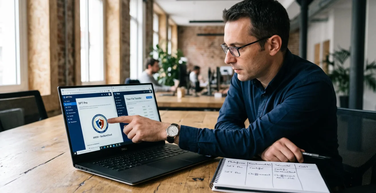 Un responsable informatique compare deux solutions de transfert sécurisé sur son ordinateur.