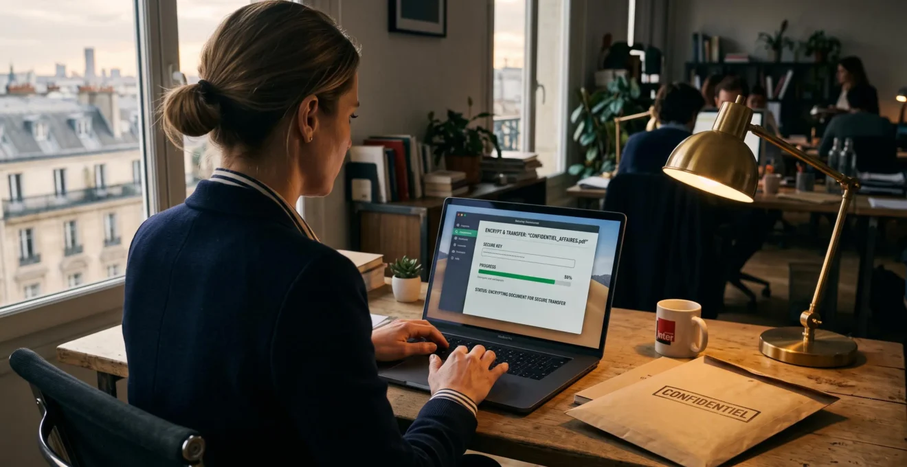 Un professionnel chiffre un document confidentiel sur son ordinateur portable au bureau.